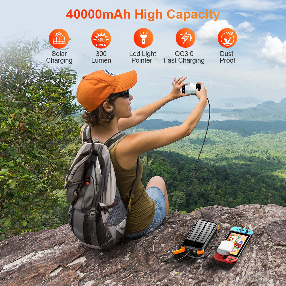 Solar Power Bank with Integrated Multi Tip Cables and LED Floodlight