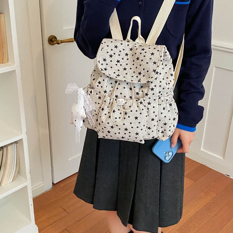 Drawstring Backpack with Star Pattern and Multiple Storage Pockets