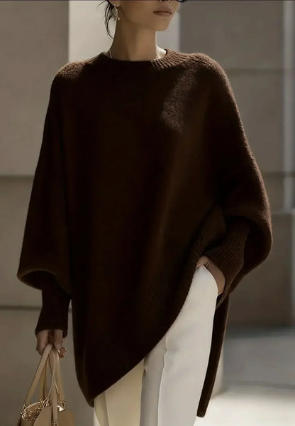 Oversized Crew Neck Sweater with Dropped Shoulders and Asymmetric Hem