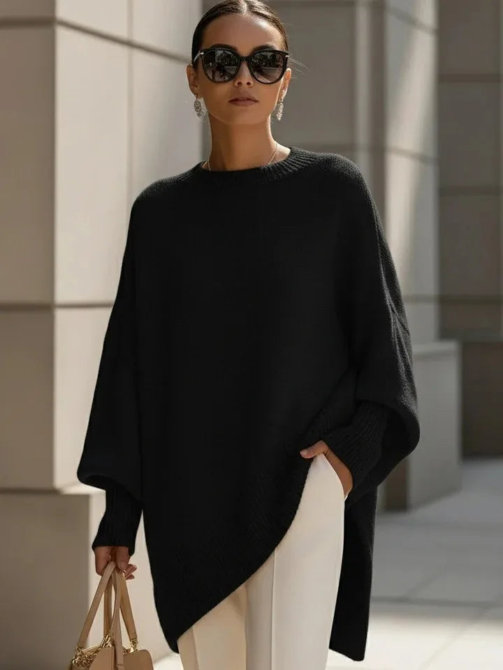 Oversized Crew Neck Sweater with Dropped Shoulders and Asymmetric Hem