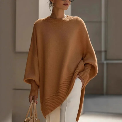 Oversized Crew Neck Sweater with Dropped Shoulders and Asymmetric Hem