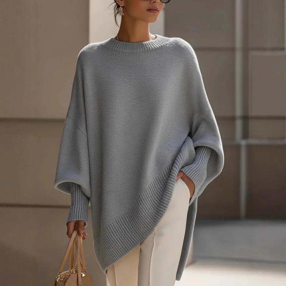 Oversized Crew Neck Sweater with Dropped Shoulders and Asymmetric Hem