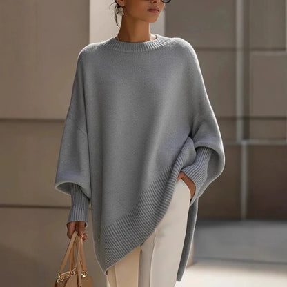 Oversized Crew Neck Sweater with Dropped Shoulders and Asymmetric Hem