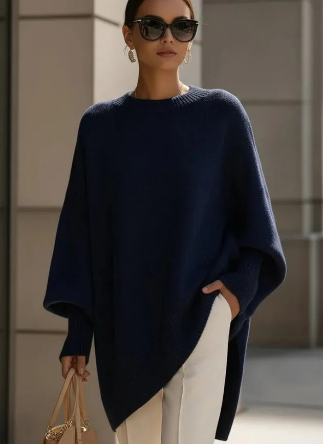 Oversized Crew Neck Sweater with Dropped Shoulders and Asymmetric Hem