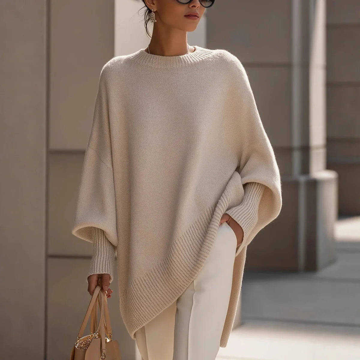 Oversized Crew Neck Sweater with Dropped Shoulders and Asymmetric Hem