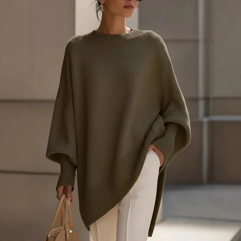 Oversized Crew Neck Sweater with Dropped Shoulders and Asymmetric Hem