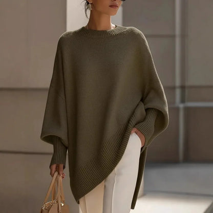 Oversized Crew Neck Sweater with Dropped Shoulders and Asymmetric Hem