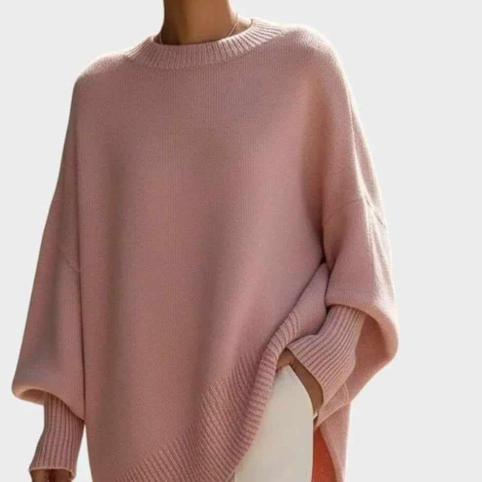 Oversized Crew Neck Sweater with Dropped Shoulders and Asymmetric Hem