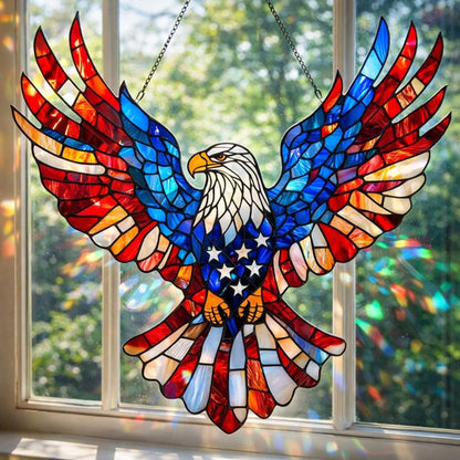 Eagle Stained Glass Suncatcher with Metal Hanging Chain and Red White Blue Colors