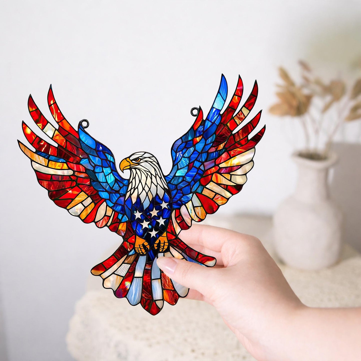 Eagle Stained Glass Suncatcher with Metal Hanging Chain and Red White Blue Colors