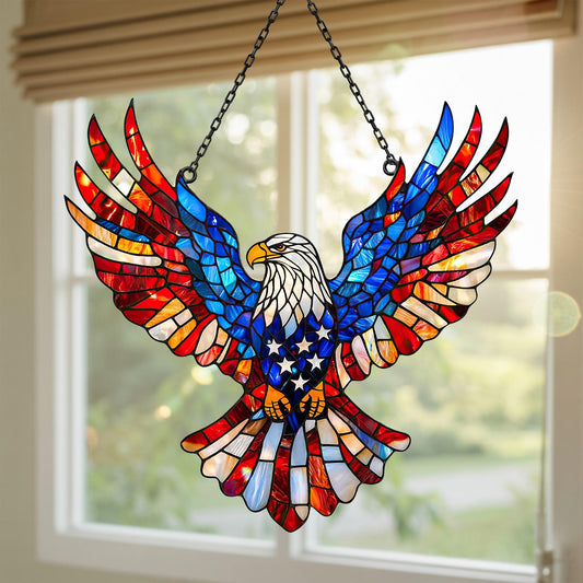 Eagle Stained Glass Suncatcher with Metal Hanging Chain and Red White Blue Colors