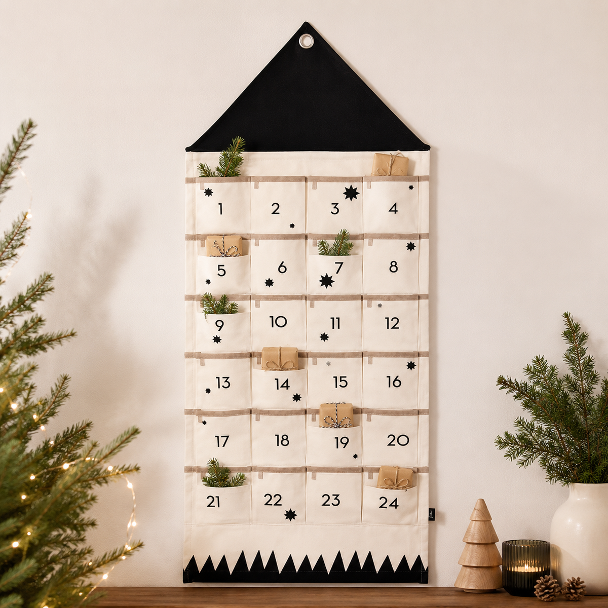 Fabric Advent Calendar with 24 Numbered Pockets and Wall Mount