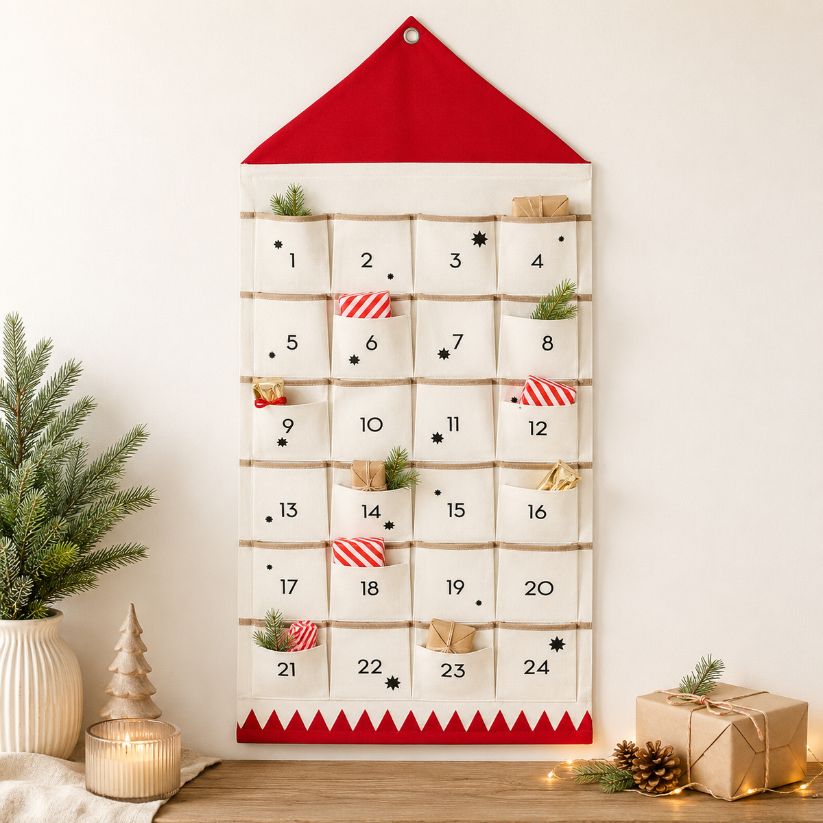 Fabric Advent Calendar with 24 Numbered Pockets and Wall Mount