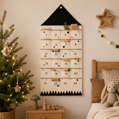 Fabric Advent Calendar with 24 Numbered Pockets and Wall Mount