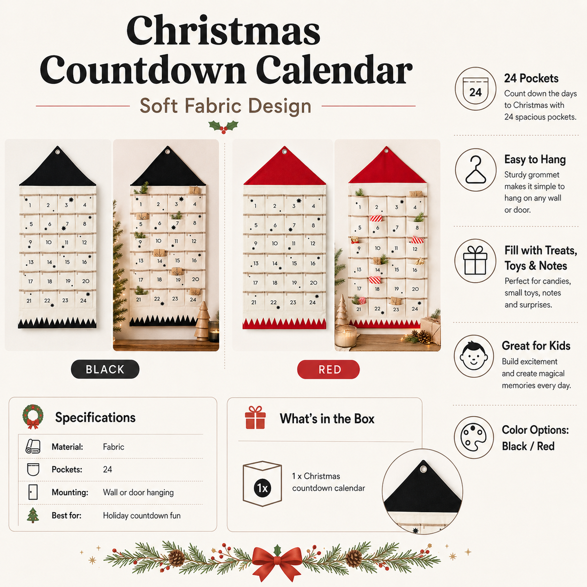 Fabric Advent Calendar with 24 Numbered Pockets and Wall Mount