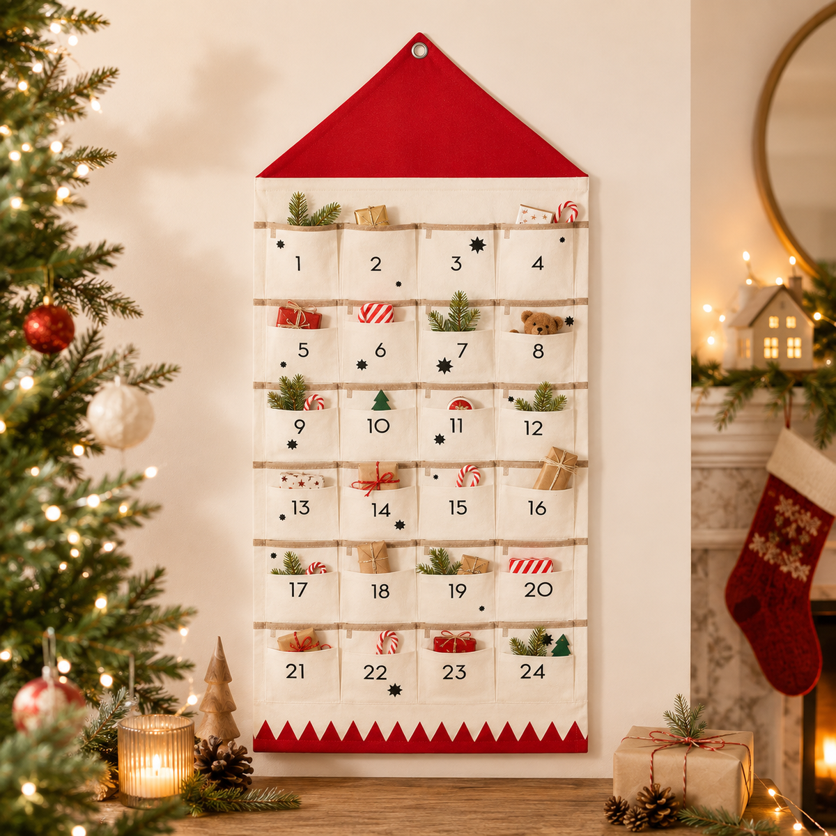 Fabric Advent Calendar with 24 Numbered Pockets and Wall Mount