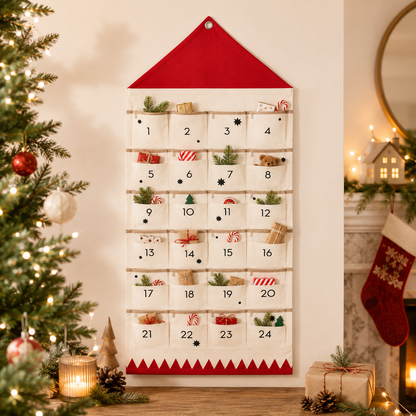 Fabric Advent Calendar with 24 Numbered Pockets and Wall Mount