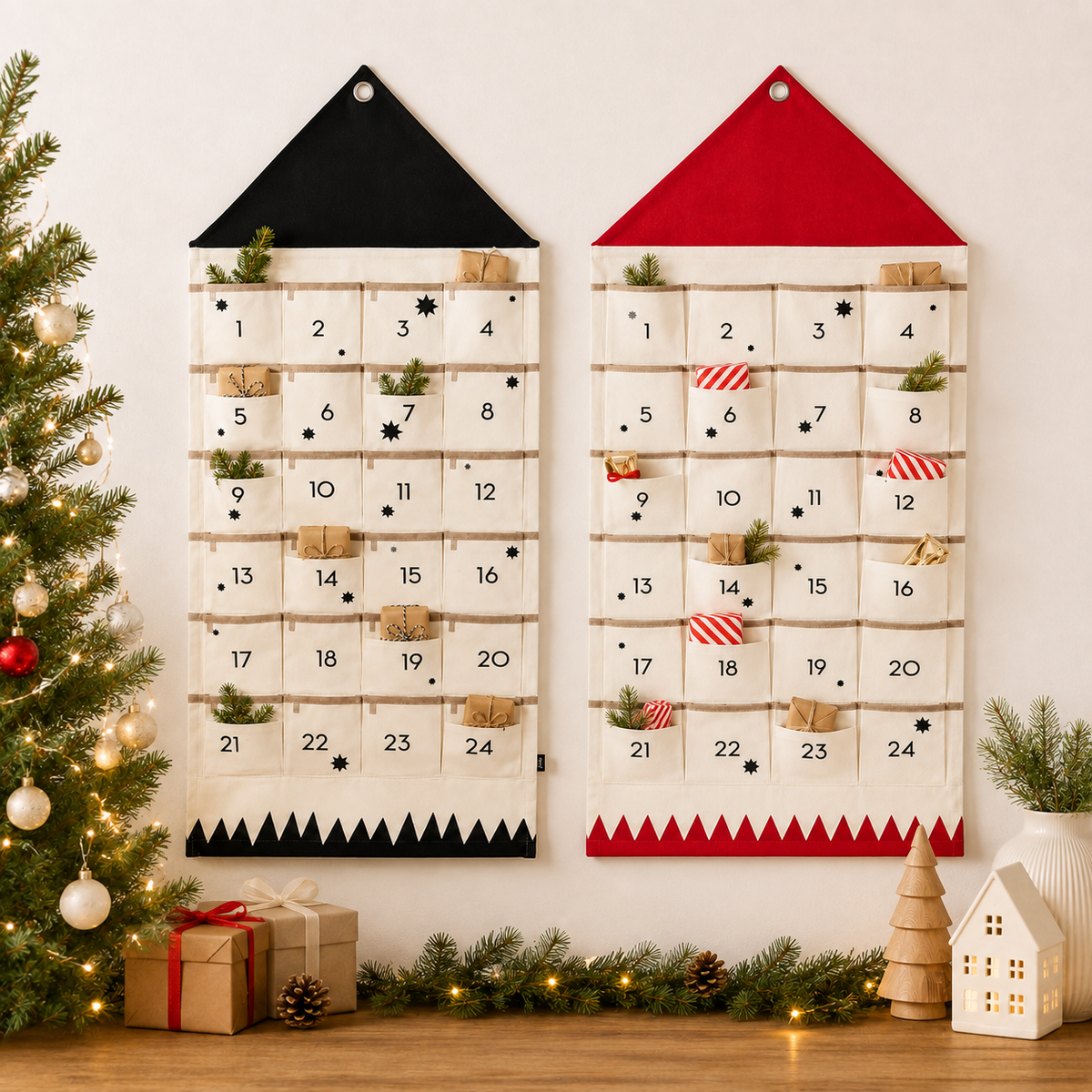 Fabric Advent Calendar with 24 Numbered Pockets and Wall Mount