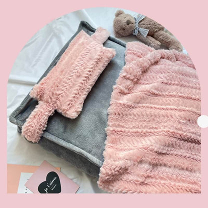 Faux Fur Pet Bed with Raised Edges and Matching Pillow, Includes Blanket