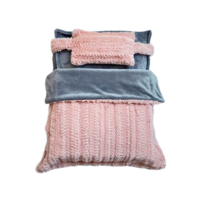 Faux Fur Pet Bed with Raised Edges and Matching Pillow, Includes Blanket
