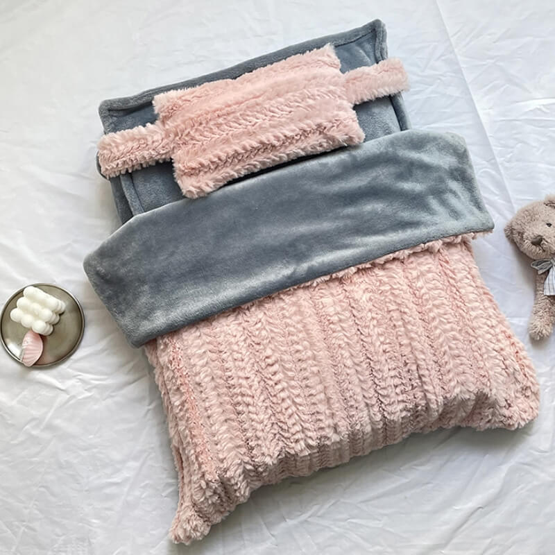 Faux Fur Pet Bed with Raised Edges and Matching Pillow, Includes Blanket
