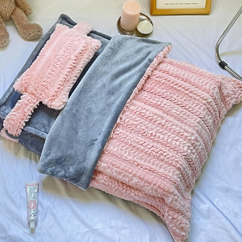 Faux Fur Pet Bed with Raised Edges and Matching Pillow, Includes Blanket