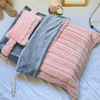 Faux Fur Pet Bed with Raised Edges and Matching Pillow, Includes Blanket