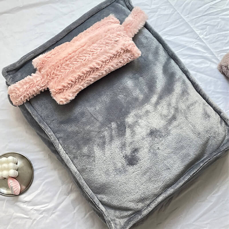 Faux Fur Pet Bed with Raised Edges and Matching Pillow, Includes Blanket