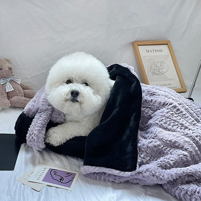 Faux Fur Pet Bed with Raised Edges and Matching Pillow, Includes Blanket