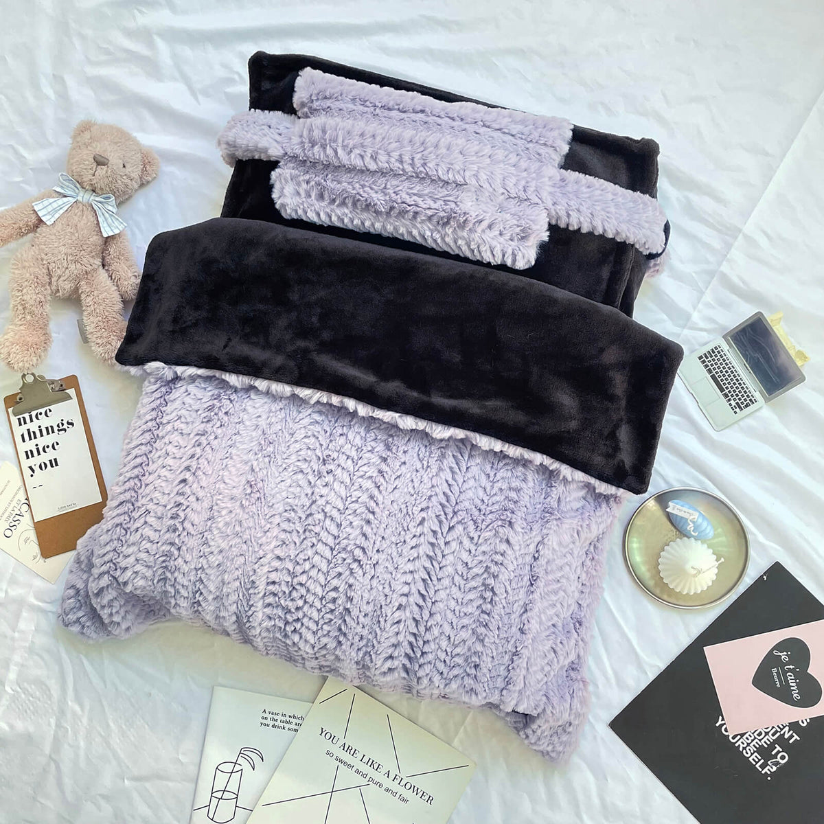 Plush Pet Bed with Removable Pillow and Matching Blanket
