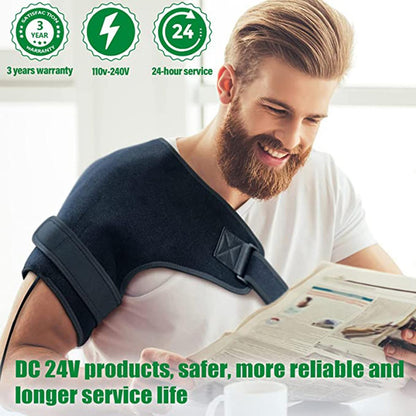 Man wearing a UTK Technology shoulder heating pad while reading a newspaper