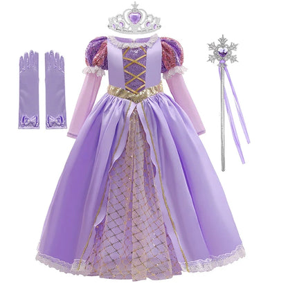 Girls Ball Gown Dress with Puff Sleeves and Applique Details