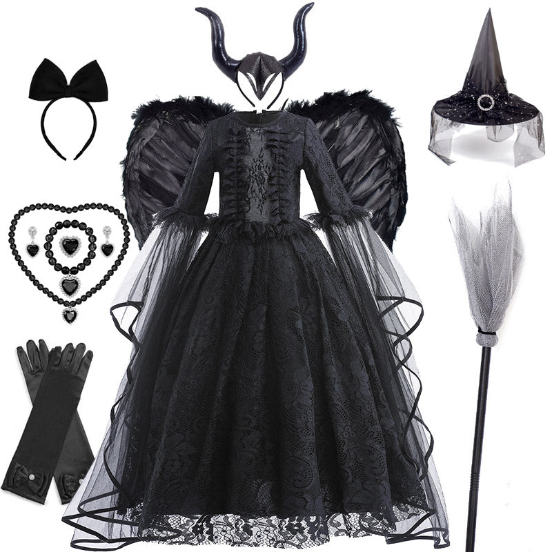 Girls Witch Queen Costume Dress with Lace Ruffles and Mid Calf Length
