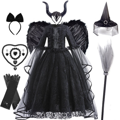 Girls Witch Queen Costume Dress with Lace Ruffles and Mid Calf Length