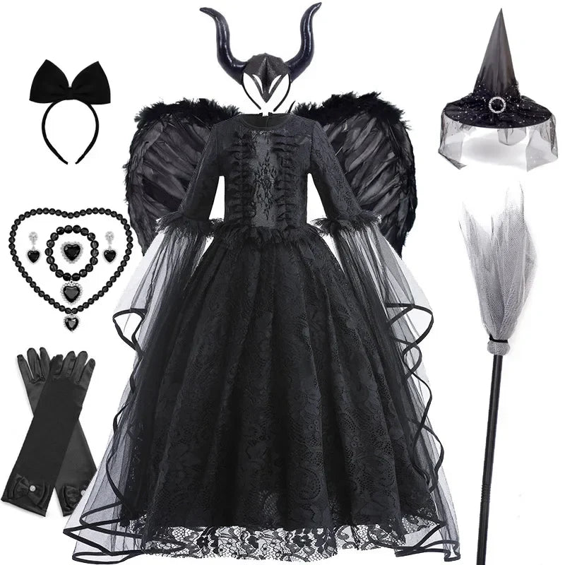 Girls Witch Queen Costume Dress with Lace Ruffles and Mid Calf Length