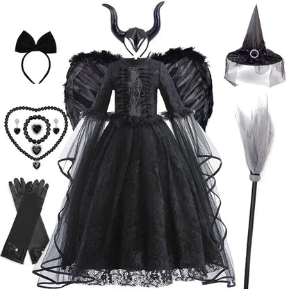 Girls Witch Queen Costume Dress with Lace Ruffles and Mid Calf Length