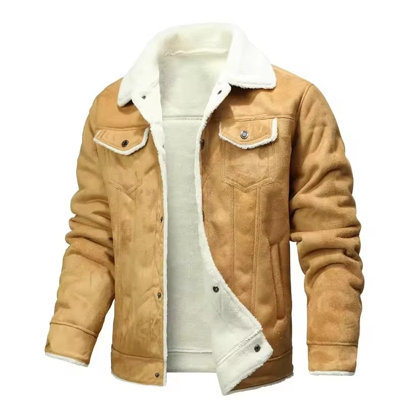 Mens Winter Suede Leather Coat with Fleece Lining and Turn Down Collar