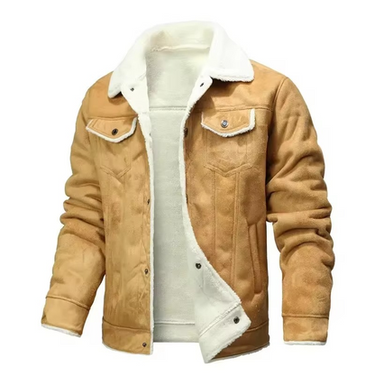 Mens Winter Suede Leather Coat with Fleece Lining and Turn Down Collar