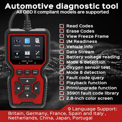 Diagnostic Code Reader with Live Data Monitoring and Freeze Frame for 1996 and Newer Vehicles