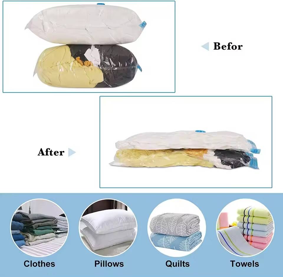 Clothes Vacuum Storage Bags in Four Sizes with Dual Zip Closure, Clear Walls and a Hand Pump