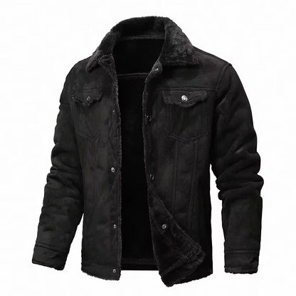 Mens Winter Suede Leather Coat with Fleece Lining and Turn Down Collar