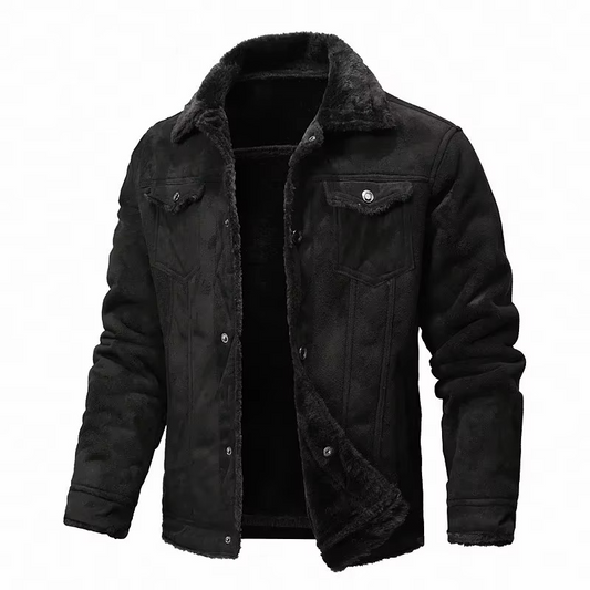 Mens Winter Suede Leather Coat with Fleece Lining and Turn Down Collar