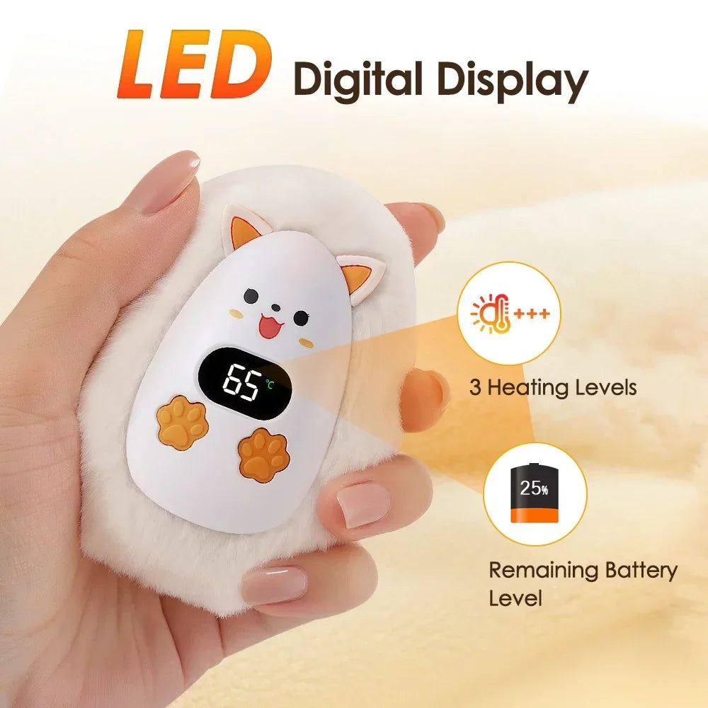Rechargeable Hand Warmer with Digital Display and Cat Plush Design, 3 Heat Levels