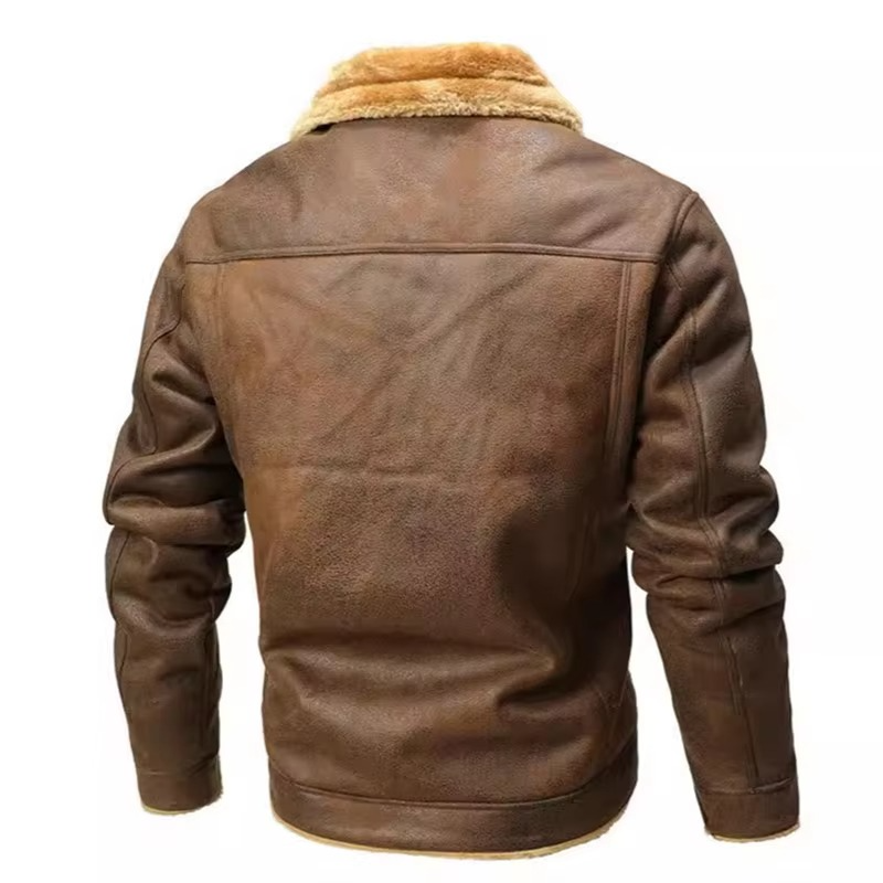 Mens Winter Suede Leather Coat with Fleece Lining and Turn Down Collar