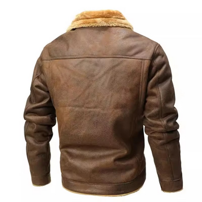 Mens Winter Suede Leather Coat with Fleece Lining and Turn Down Collar