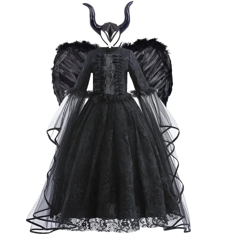 Girls Witch Queen Costume Dress with Lace Ruffles and Mid Calf Length