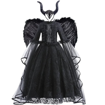 Girls Witch Queen Costume Dress with Lace Ruffles and Mid Calf Length