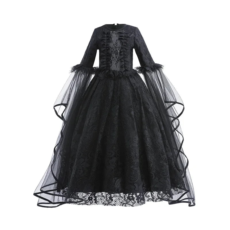 Girls Witch Queen Costume Dress with Lace Ruffles and Mid Calf Length