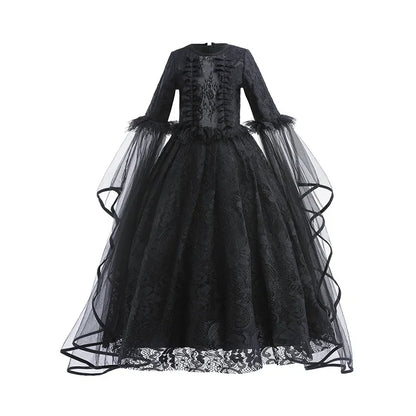 Girls Witch Queen Costume Dress with Lace Ruffles and Mid Calf Length