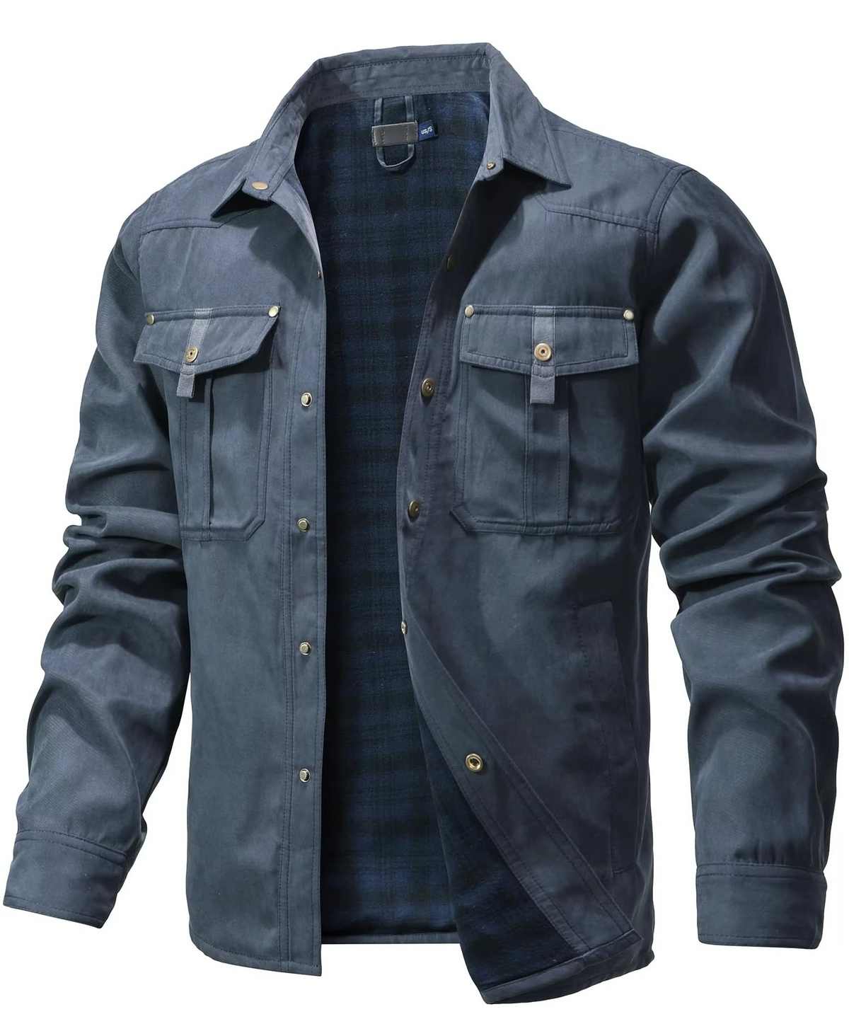 Mens Flannel Lined Western Shirt Jacket with Snap Buttons and Chest Pockets